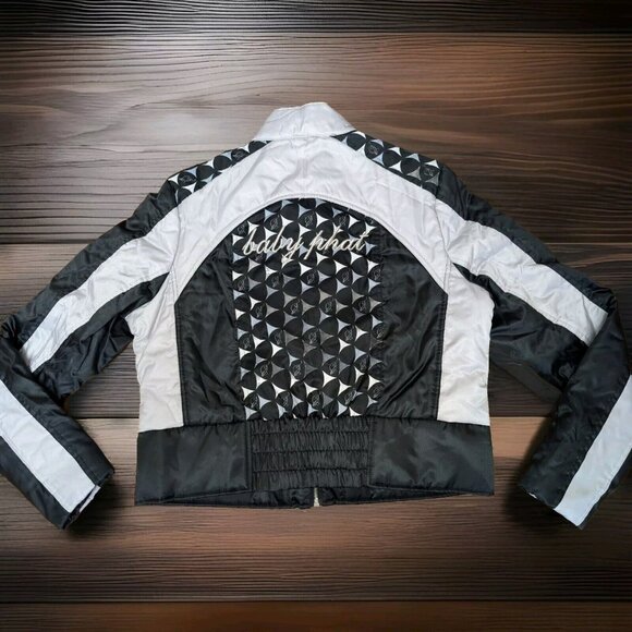 Vintage Baby Phat Bomber Puffer Jacket XL Y2K White Black Striped Spell Out Logo - Picture 3 of 16